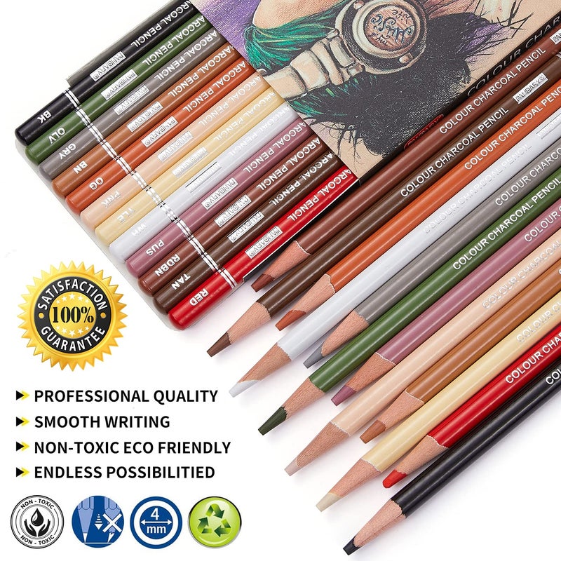 PANDAFLY Professional Colored Charcoal Pencils Drawing Set  Skin Tone Colored Pencils  Pastel Chalk Pencils for Sketching  Shading  Coloring  Layering & Blending  12 Colors - Image 2